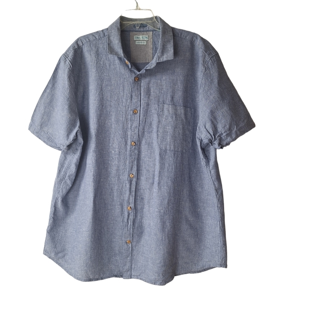 Tenth+Ocean Men XXL Chambray Blue Washable Linen Short‎ Sleeve Button Down Shirt